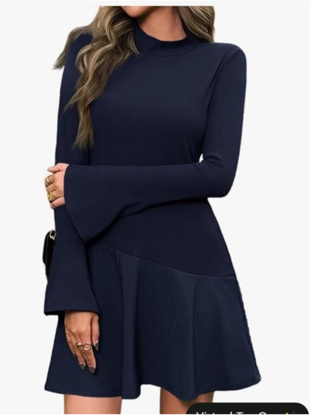Navy Blue Long-Sleeve A-Line Dress w/ Flared Cuffs trendy Large - 729